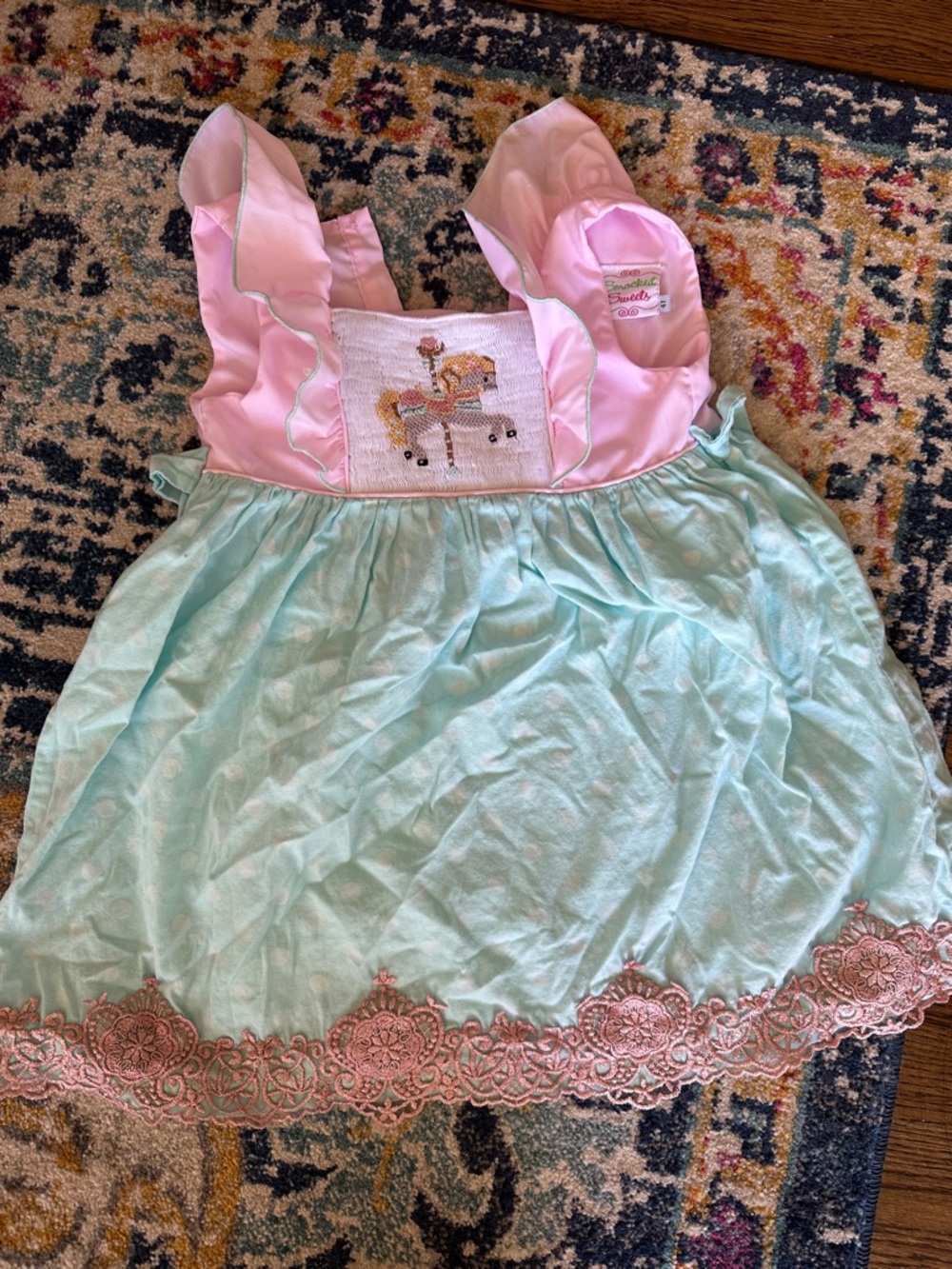 Smocked Sweets | Smocked Carousel Dress - Pink & Mint Dot with Gold Lace Trim